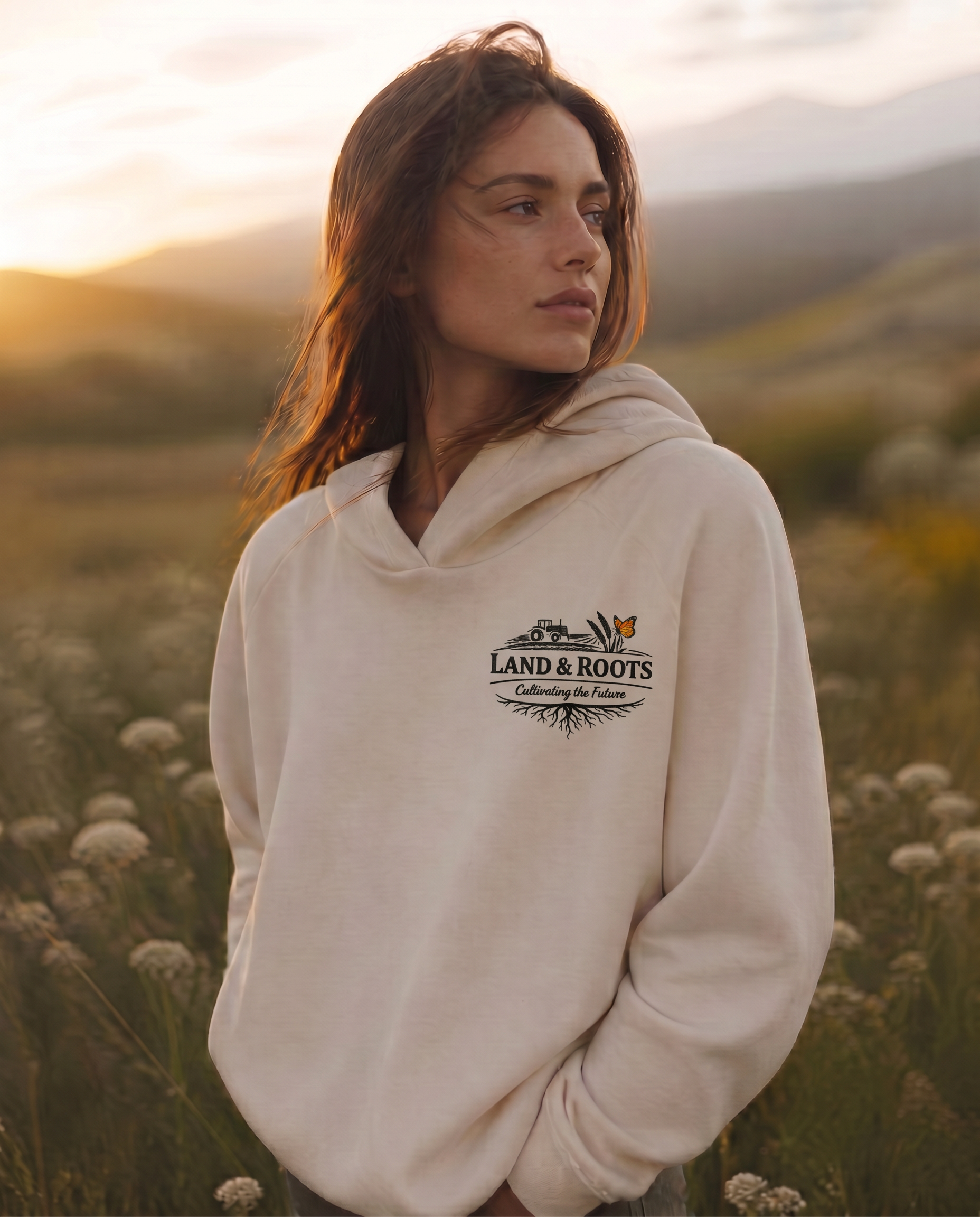 Woman wearing Land & Roots hoodie in a wildflower meadow at sunset