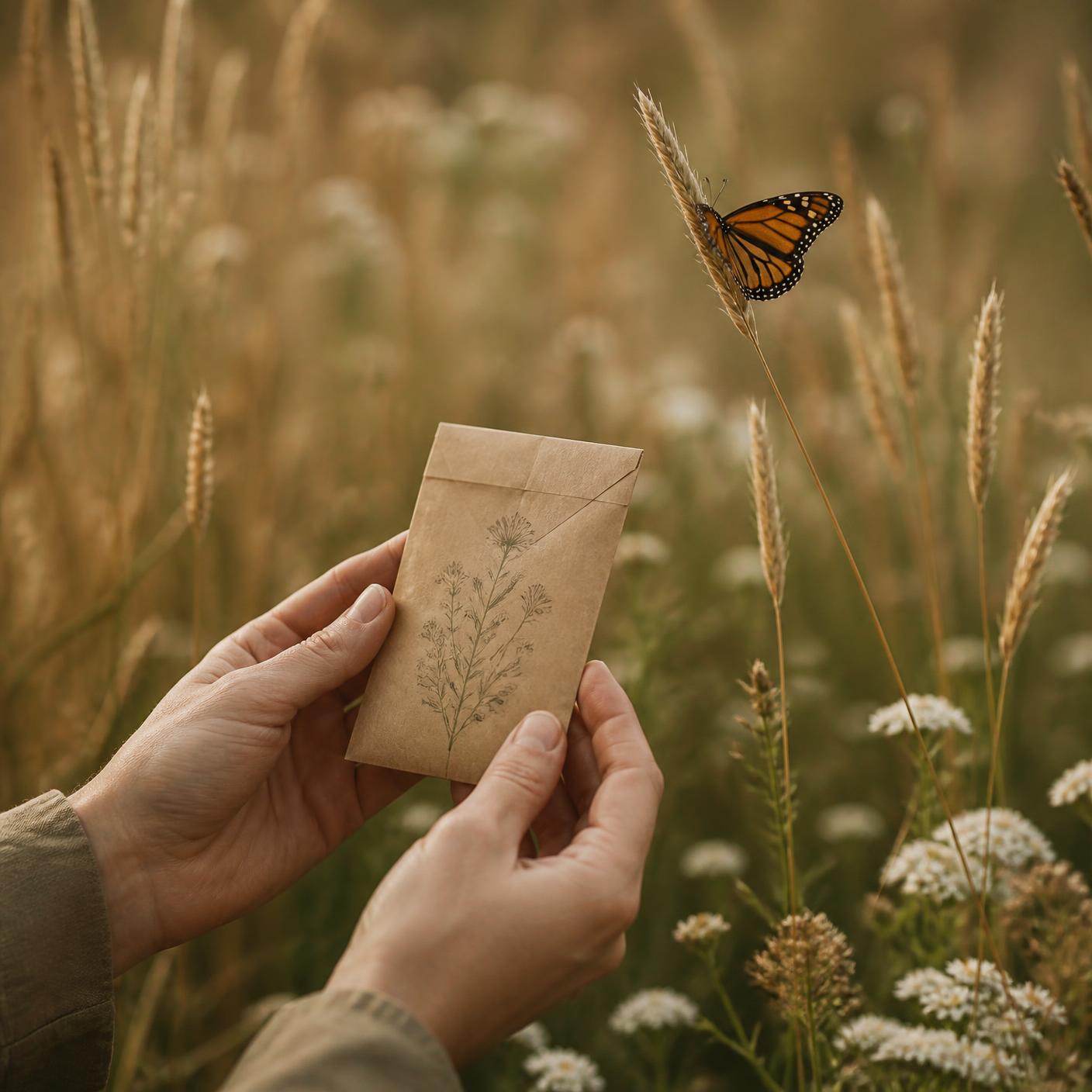 Hands holding a wildflower seed packet in a meadow with a monarch butterfly